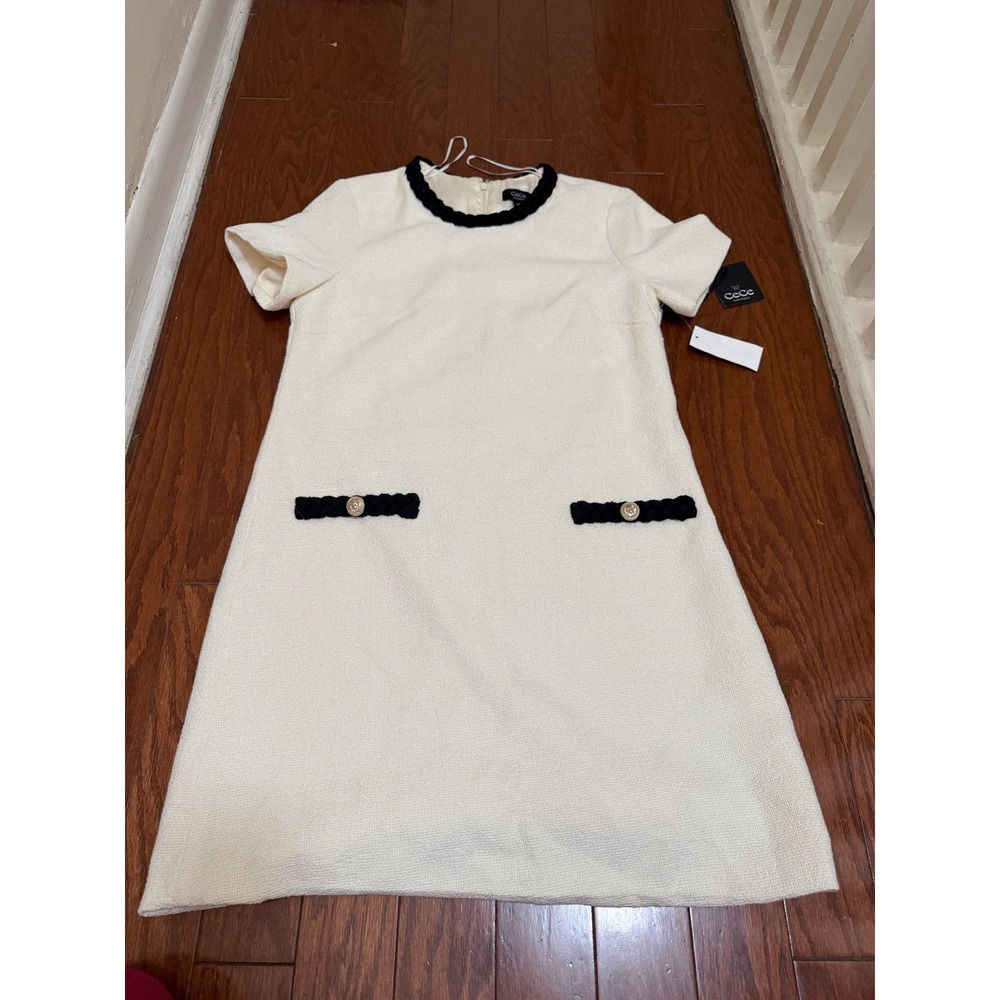 CeCe White Winter Tweed Shift Dress Short Sleeve Contrast Trim‎ Gold Button